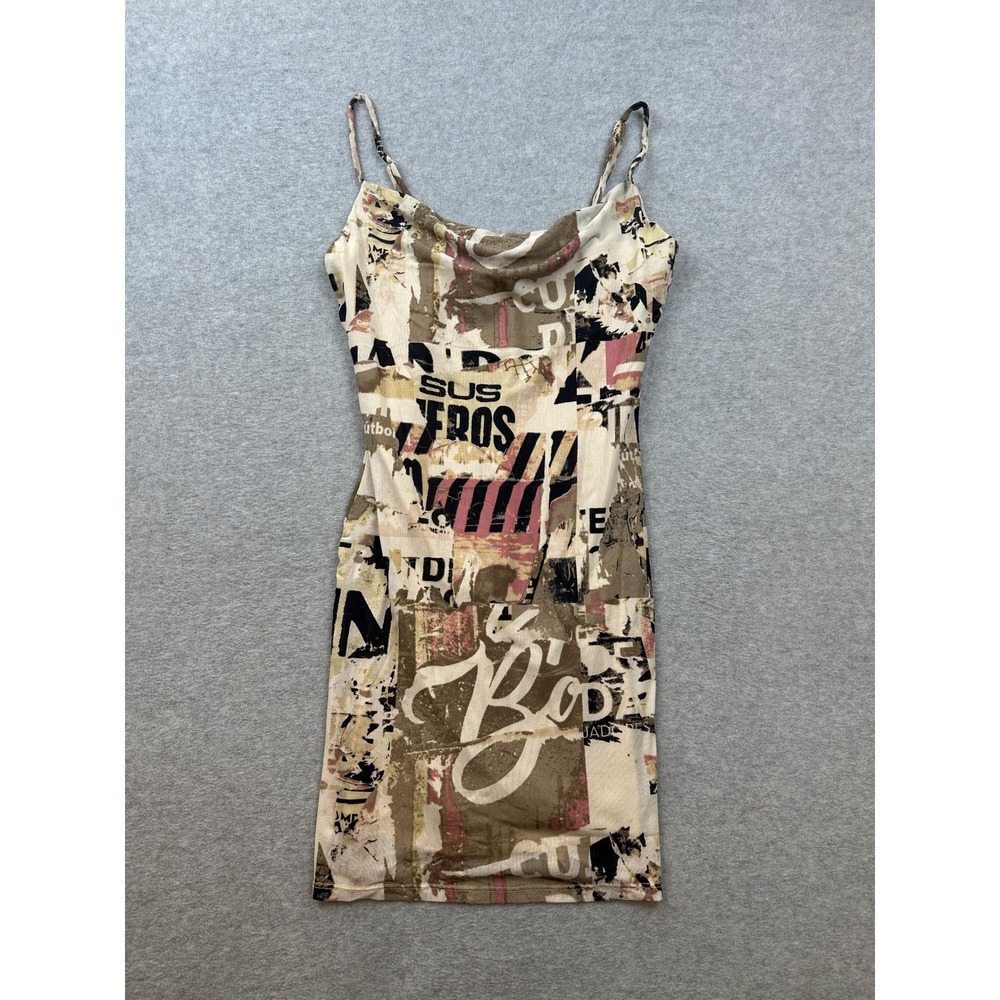 Forever 21 Newsprint Mesh Mini Dress Cowl Neck Graphic Tan Black Pink Small